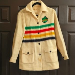 VINTAGE Hudson's Bay 100% wool made in Canada 4 stripe coat with Canada patch